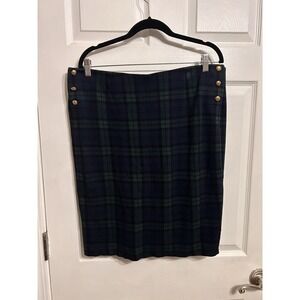 Lauren Ralph Lauren XL Pencil Skirt plaid jacquard midi side gold buttons green